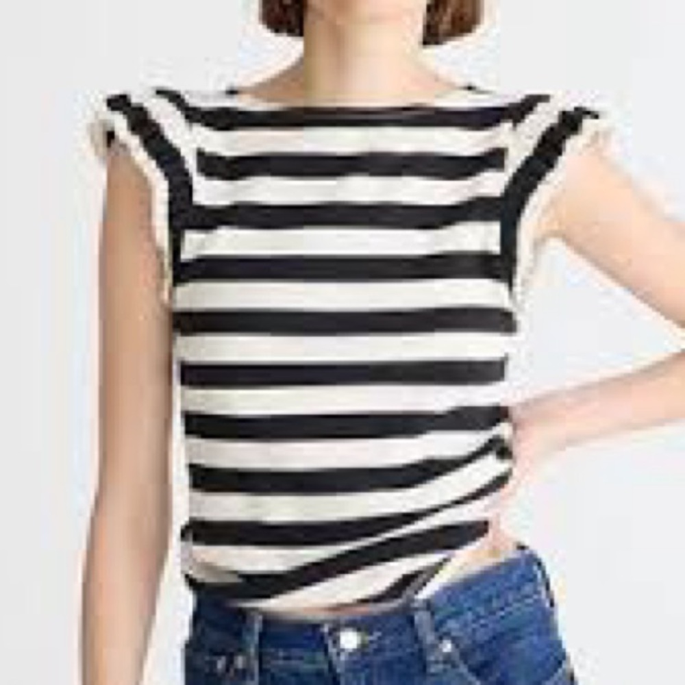 J. Crew Vintage Rib Ruffle Boatneck Tank Top in Montauk Stripe Black - Size 3X